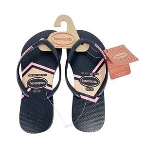 Havaianas Girl's Slim Print Zig Zag Thongs Black & Pink Size 3/4 Youth